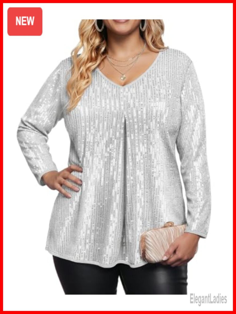 Plus Size Sequin Long Sleeve V Neck Tunic Top Party Fall